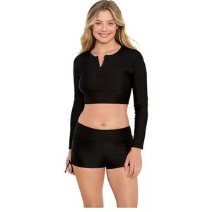 Women's L Eco Beach Long Sleeve Crop Zipper Rashguard BLACK Swim Shirt Beach